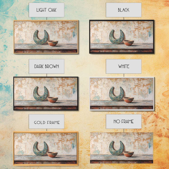 Turquoise Crescent Moon And Rustic Bowl Wall Art, Wabi Sabi Decor, Southwestern Still Life, Neutral Framed Canvas Print, Home Decor