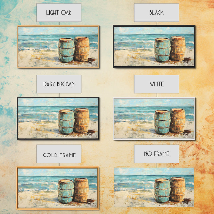 Weathered Barrels On Sandy Beach Wall Art, Coastal Canvas Print, Nautical Beach House Decor, Seascape Ocean Living Room Art