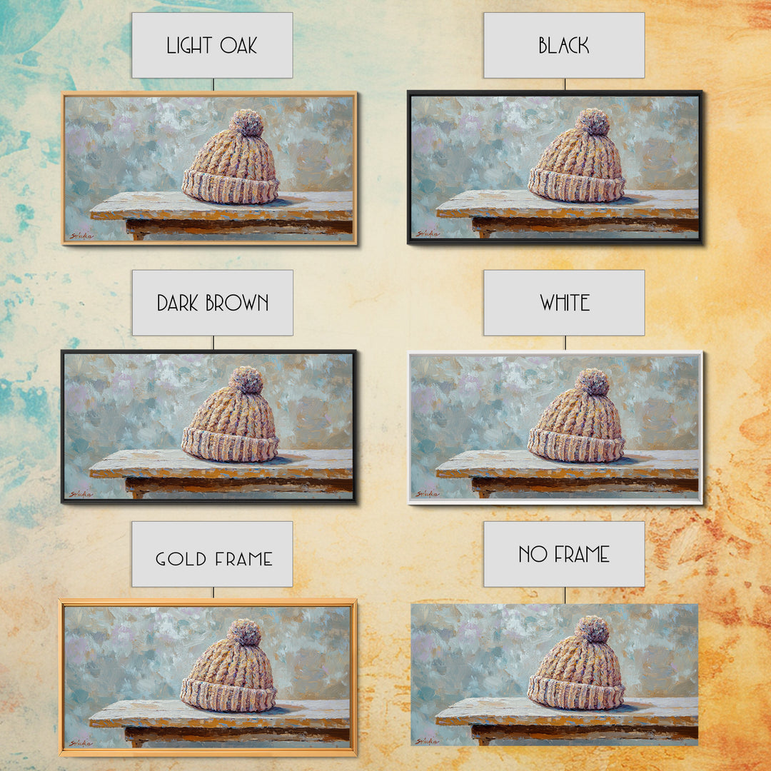Cozy Knit Beanie Still Life Wall Art, Winter Cabin Decor, Rustic Canvas Print, Neutral Bedroom Art, Gift For Her, Housewarming Gift