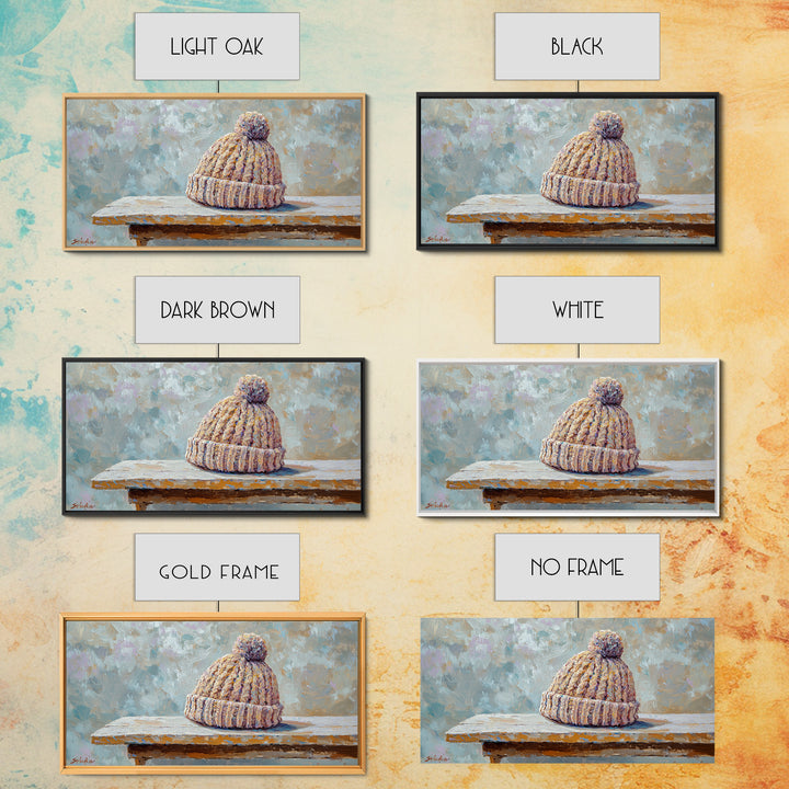 Cozy Knit Beanie Still Life Wall Art, Winter Cabin Decor, Rustic Canvas Print, Neutral Bedroom Art, Gift For Her, Housewarming Gift