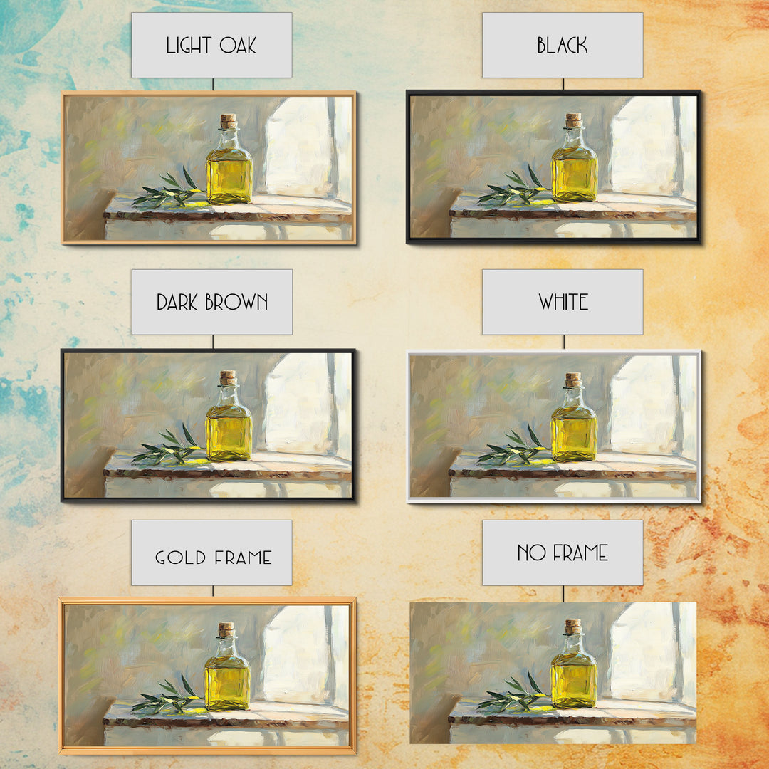 Sunlit Olive Oil Bottle On Rustic Shelf Canvas Print, Mediterranean Kitchen Wall Art, Still Life Painting, Fine Art Print