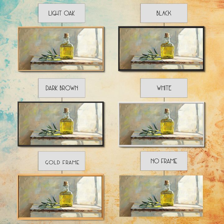 Sunlit Olive Oil Bottle On Rustic Shelf Canvas Print, Mediterranean Kitchen Wall Art, Still Life Painting, Fine Art Print