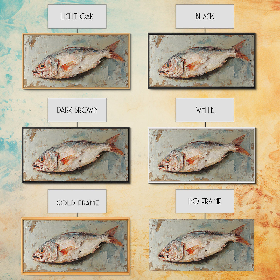 Rustic Whole Fish Oil Painting Wall Art, Coastal Kitchen Decor, Seafood Still Life, Nautical Dining Room Canvas Art Print