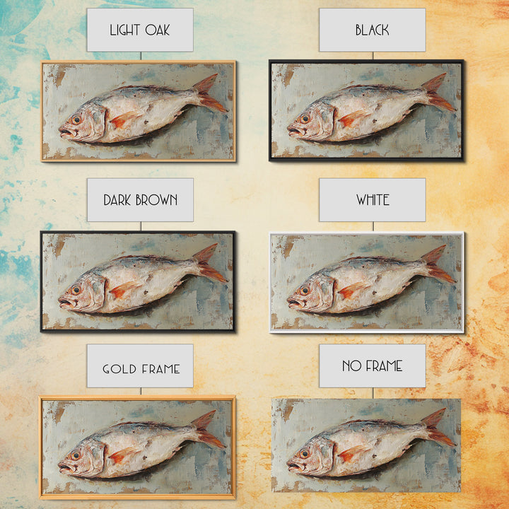 Rustic Whole Fish Oil Painting Wall Art, Coastal Kitchen Decor, Seafood Still Life, Nautical Dining Room Canvas Art Print