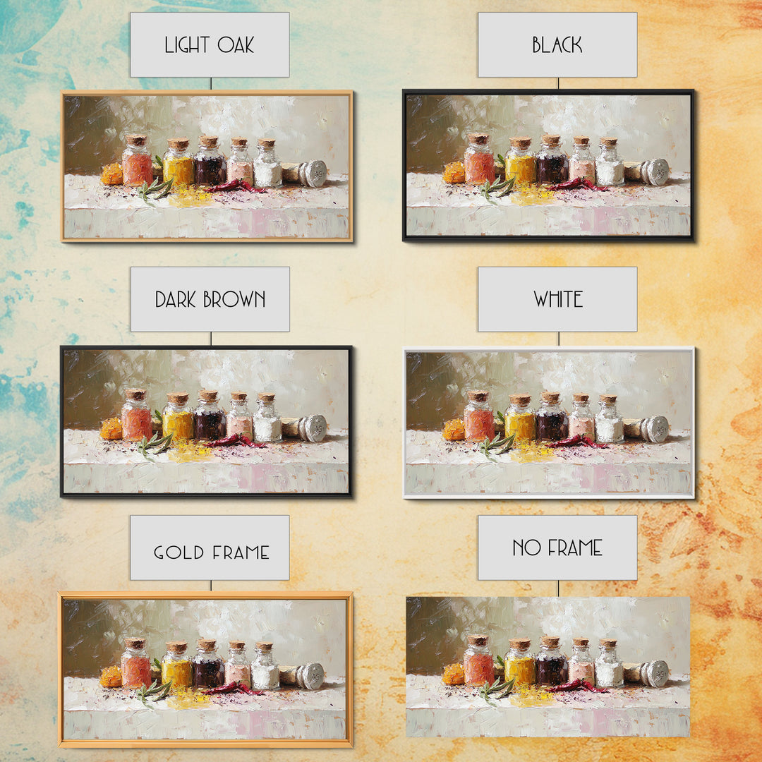 Kitchen Spice Bottles With Chili And Herbs Wall Art, Rustic Canvas Print, Foodie Kitchen Decor, Dining Room Art Gift For Chef