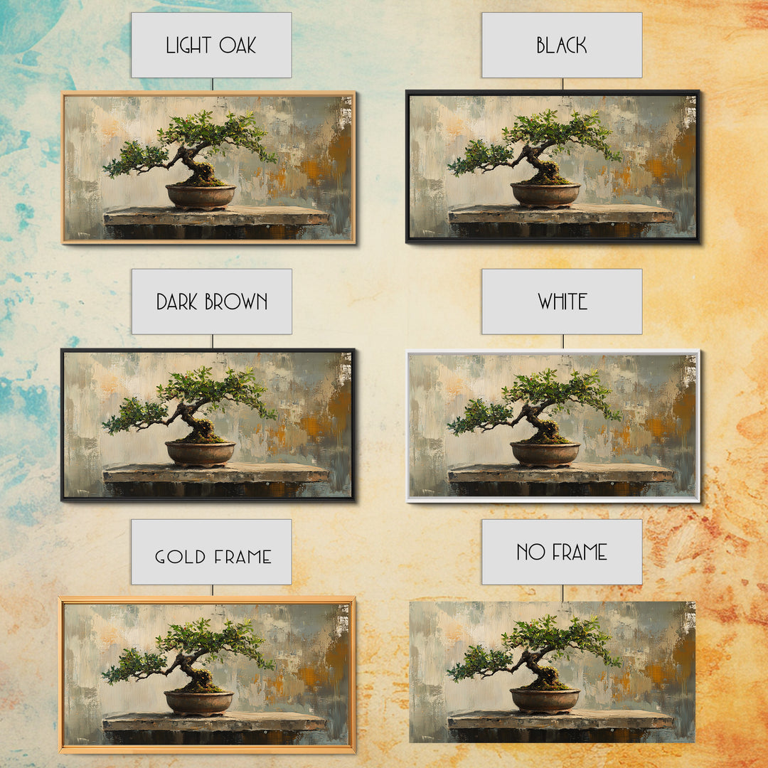 Textured Bonsai Tree In Rustic Pot Framed Canvas Print, Japandi Zen Home Decor, Nature Wall Art, Office Decor Housewarming Gift