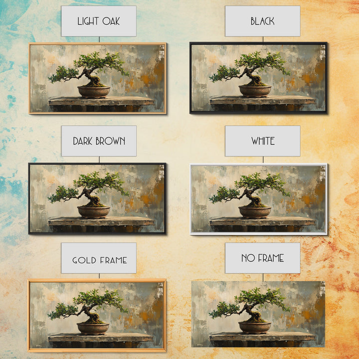 Textured Bonsai Tree In Rustic Pot Framed Canvas Print, Japandi Zen Home Decor, Nature Wall Art, Office Decor Housewarming Gift