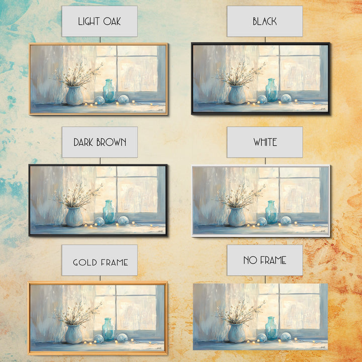 Soft Blue Window Still Life With Vase Canvas Print, Calming Wall Art, Cozy Bedroom Decor, Neutral Home Decor Gift For Her