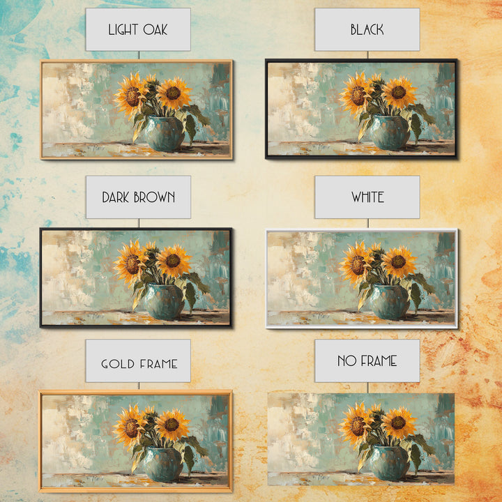 Sunflowers In Turquoise Pitcher Wall Art, Rustic Floral Decor, Country Kitchen Art Print, Farmhouse Framed Canvas Print Gift
