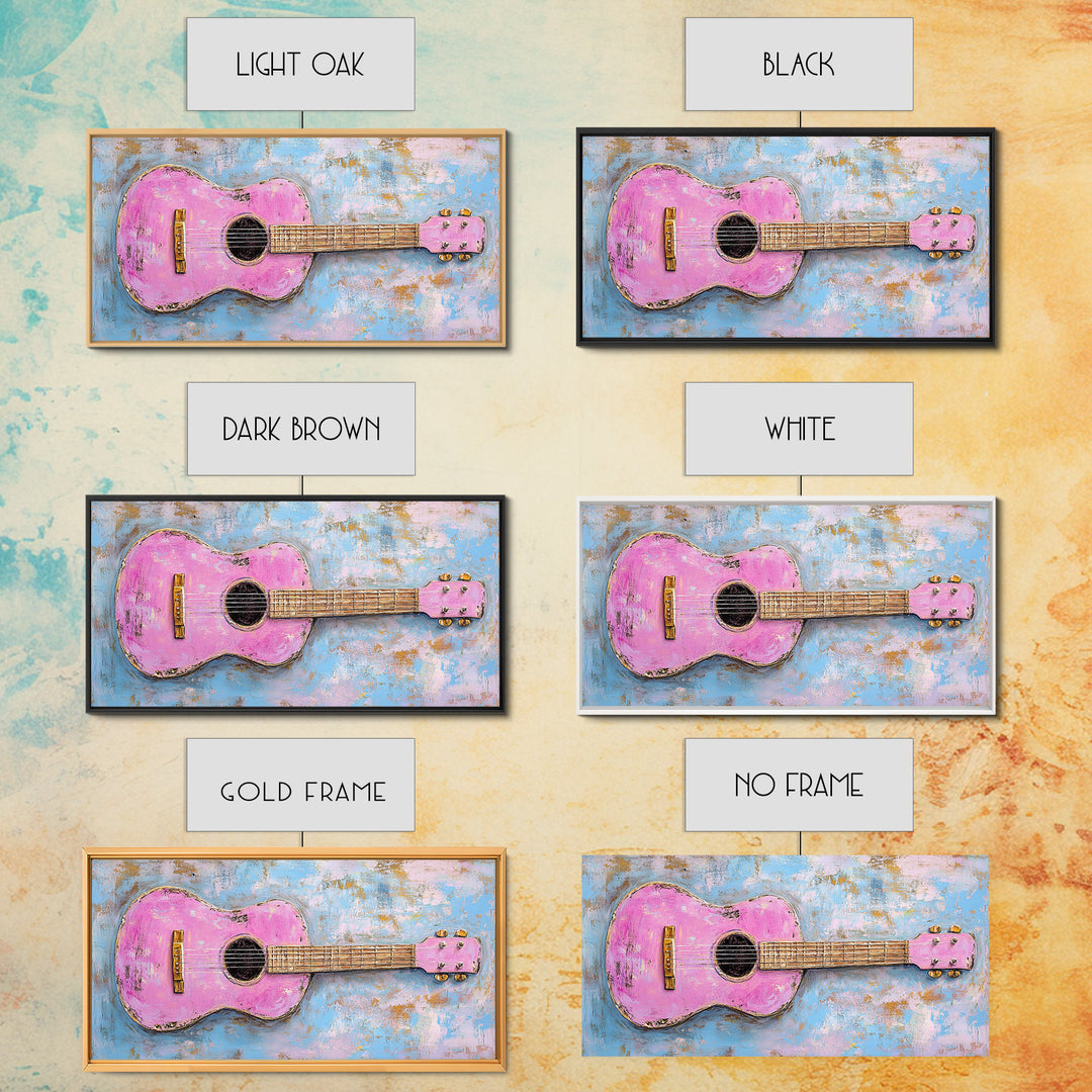 Pink Acoustic Guitar Painting Canvas Print, Music Studio Wall Art, Retro Music Room Decor, Gift For Guitar Lover And Home Decor
