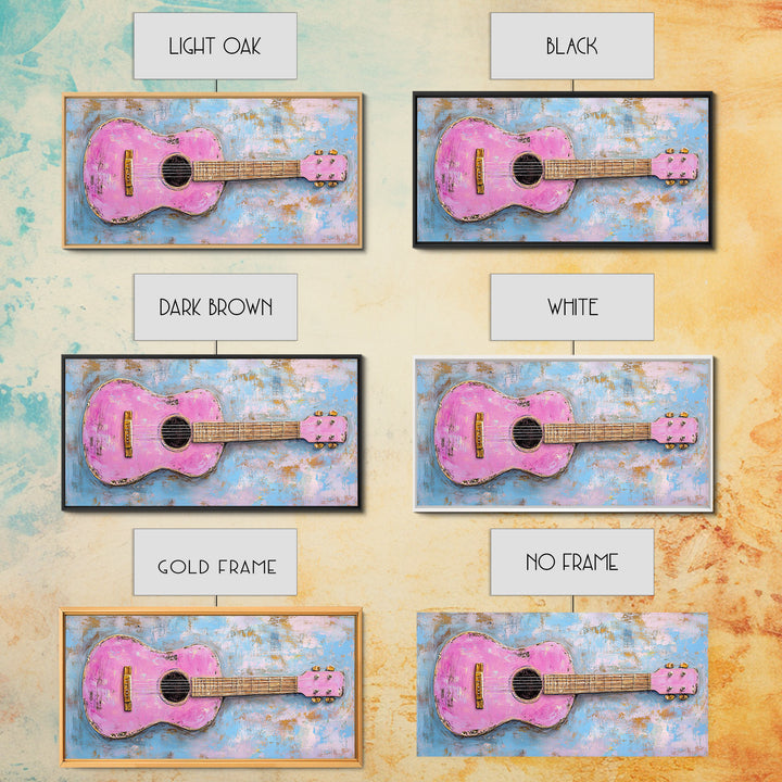 Pink Acoustic Guitar Painting Canvas Print, Music Studio Wall Art, Retro Music Room Decor, Gift For Guitar Lover And Home Decor
