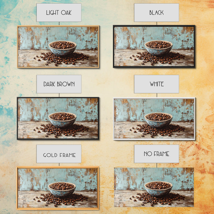 Coffee Beans In Weathered Blue Bowl Wall Art, Coffee Bar Canvas Print, Rustic Kitchen Decor, Cafe Wall Art, Gift For Coffee Lover