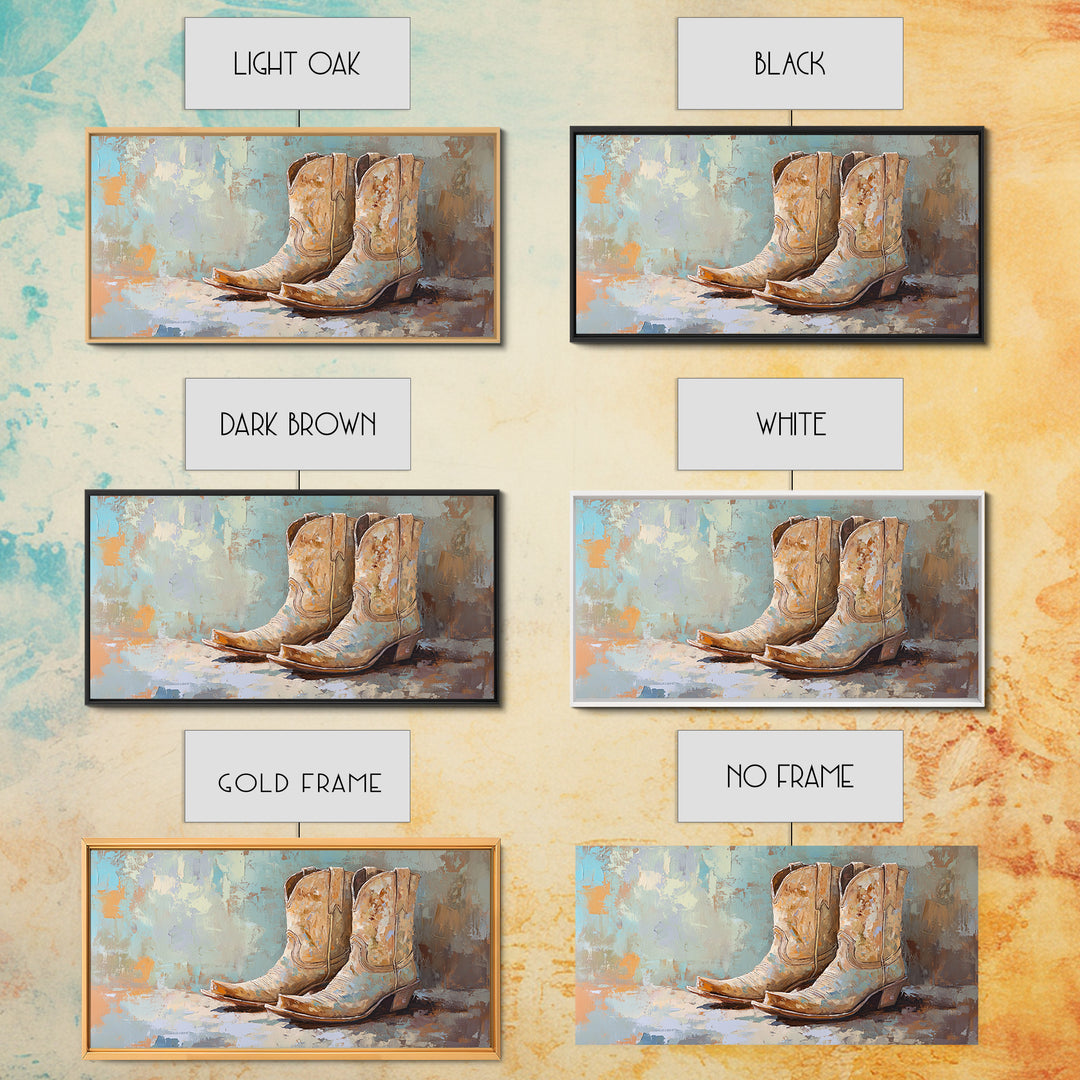 Weathered Cowboy Boots On Textured Blue Canvas Print, Western Wall Decor, Rustic Ranch Home Decor, Cowgirl Gift For Her Art