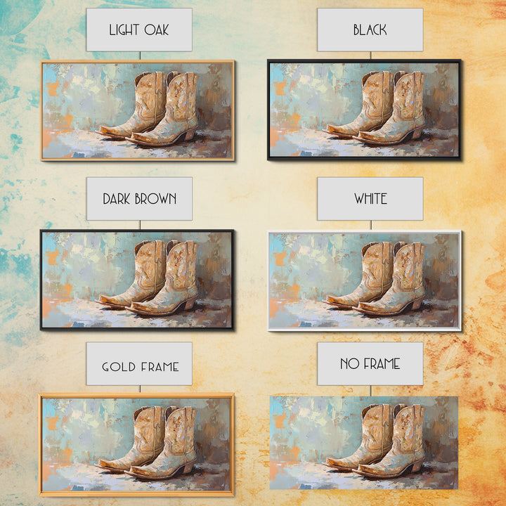 Weathered Cowboy Boots On Textured Blue Canvas Print, Western Wall Decor, Rustic Ranch Home Decor, Cowgirl Gift For Her Art