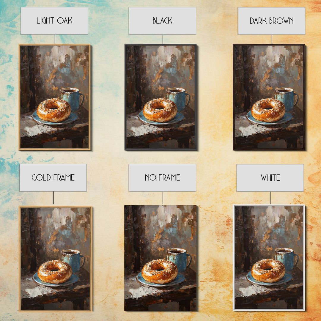 Rustic Coffee And Bagel Still Life Canvas Print, Cozy Kitchen Wall Art, Breakfast Nook Decor, Cafe Art Print Gift For Foodie