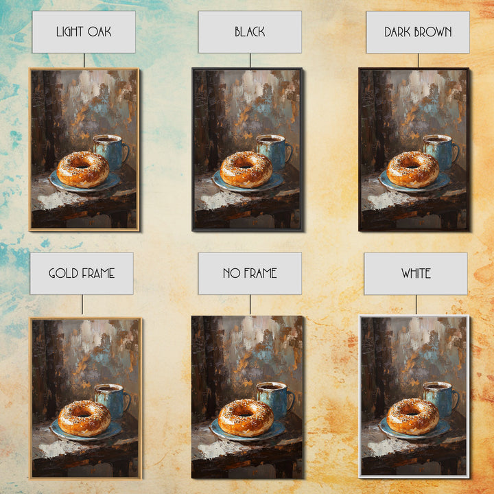 Rustic Coffee And Bagel Still Life Canvas Print, Cozy Kitchen Wall Art, Breakfast Nook Decor, Cafe Art Print Gift For Foodie