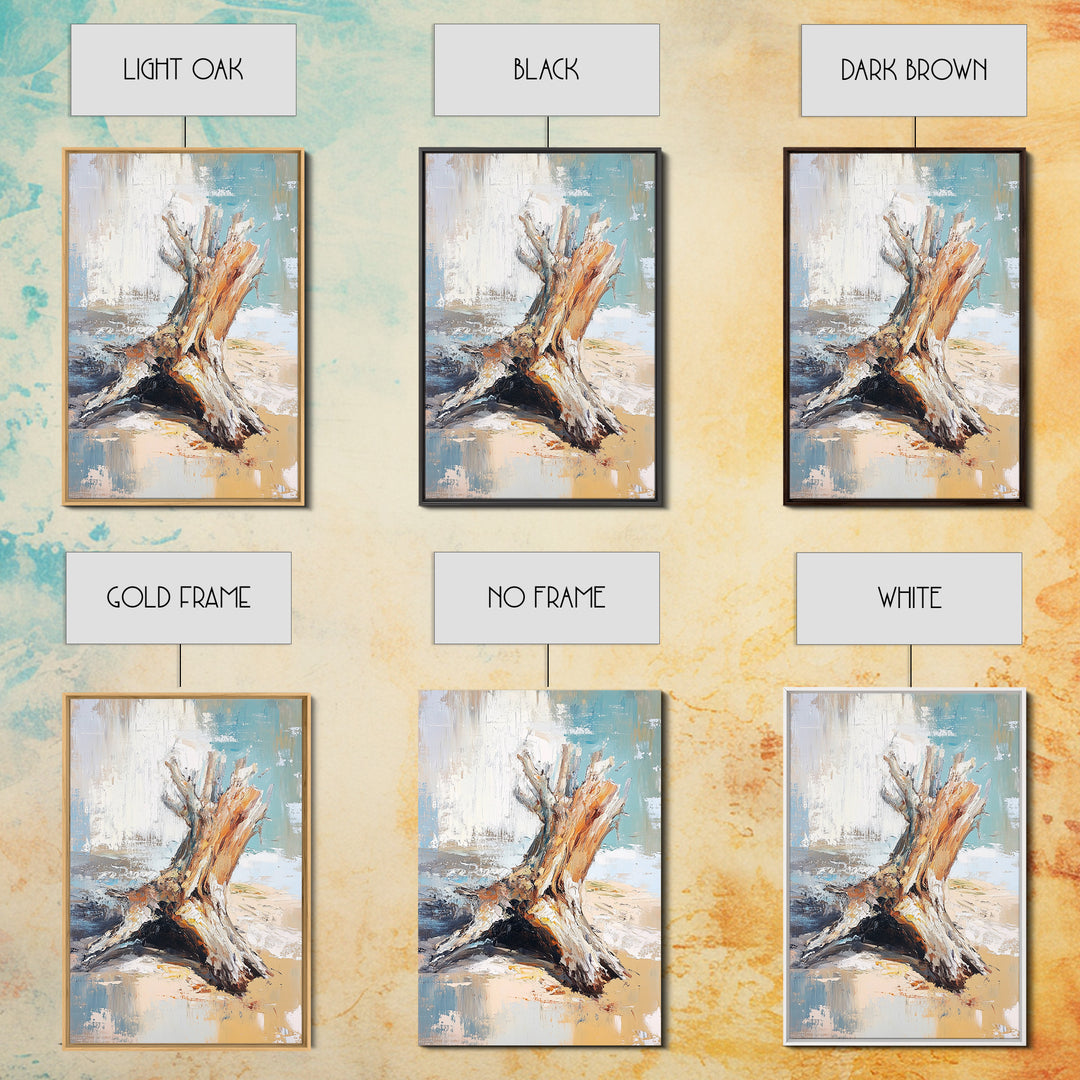 Textured Driftwood Stump On Sandy Shore Wall Art, Coastal Beach House Decor, Neutral Nature Print, Rustic Seaside Painting