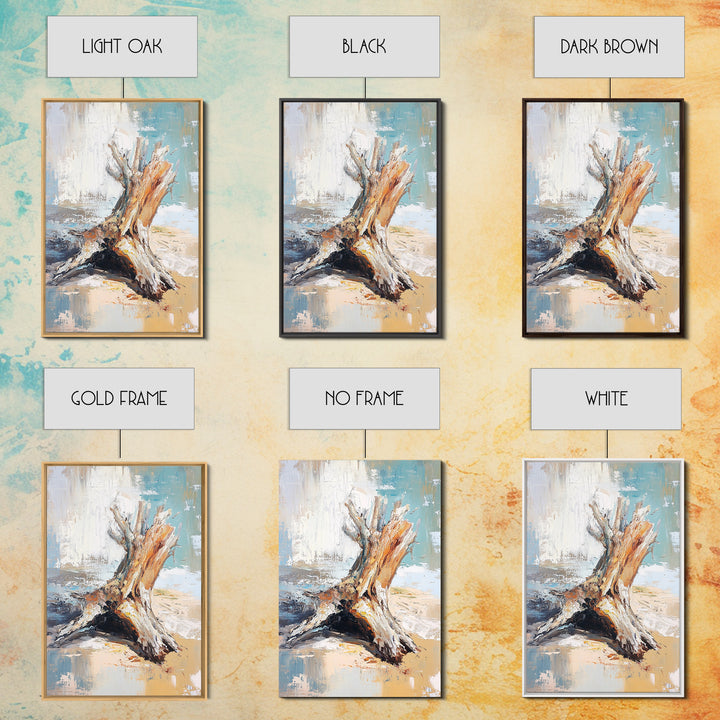 Textured Driftwood Stump On Sandy Shore Wall Art, Coastal Beach House Decor, Neutral Nature Print, Rustic Seaside Painting