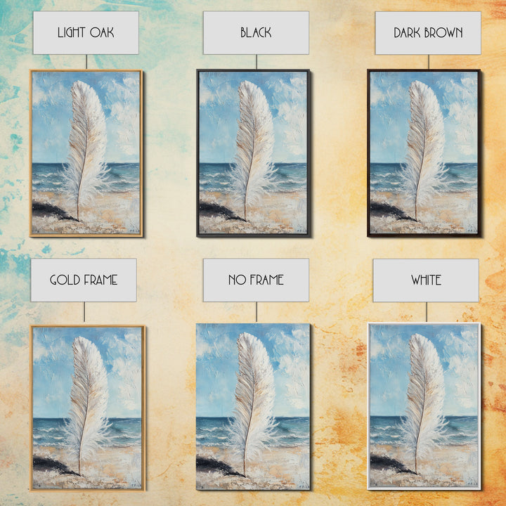 White Feather On Ocean Shore Canvas Print, Coastal Beach Wall Art, Serene Seascape Painting For Calm Bedroom And Beach House Decor