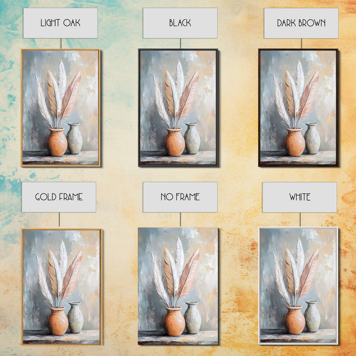 Soft Neutral Feathers In Ceramic Vases Framed Canvas Print, Boho Coastal Wall Art, Japandi Living Room Decor Gift For Bedroom