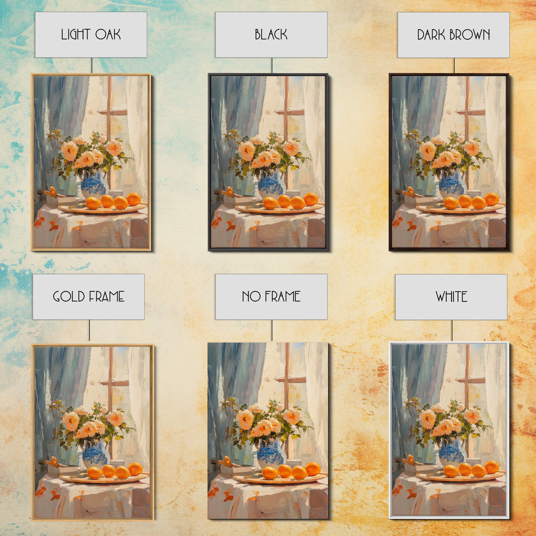 Peach Roses And Oranges By Window Framed Canvas Print, Kitchen Wall Art, French Country Decor, Floral Still Life Gift For Her