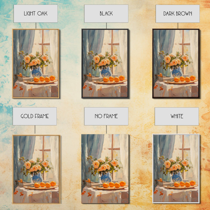 Peach Roses And Oranges By Window Framed Canvas Print, Kitchen Wall Art, French Country Decor, Floral Still Life Gift For Her