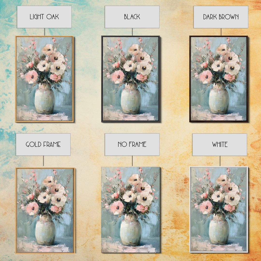 Soft Pink Poppies In Pale Ceramic Vase Wall Art, Textured Floral Canvas Print, Feminine Bedroom Decor Romantic Gift For Her
