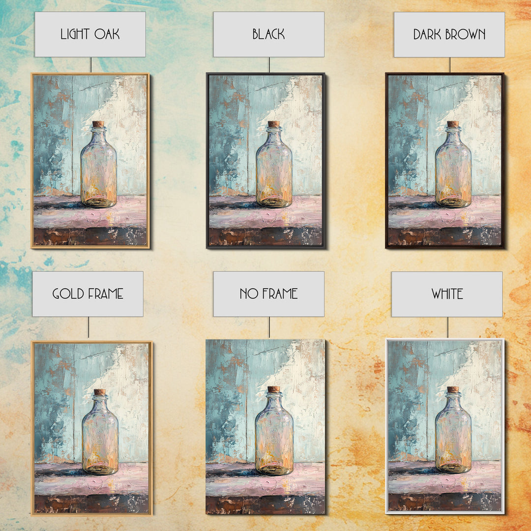 Iridescent Glass Bottle On Blue Plaster Wall Art, Minimalist Still Life Print, Wabi Sabi Kitchen Decor, Modern Home Gift