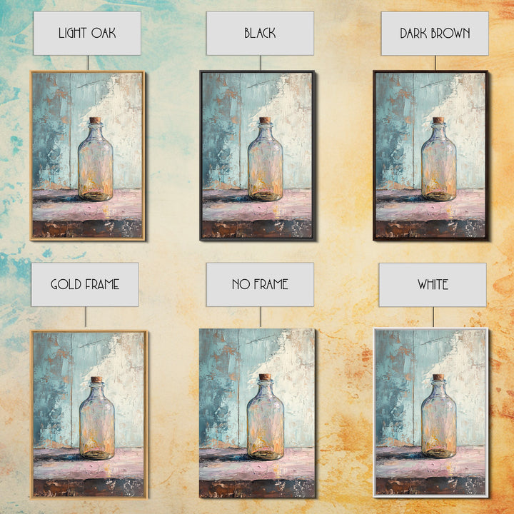 Iridescent Glass Bottle On Blue Plaster Wall Art, Minimalist Still Life Print, Wabi Sabi Kitchen Decor, Modern Home Gift