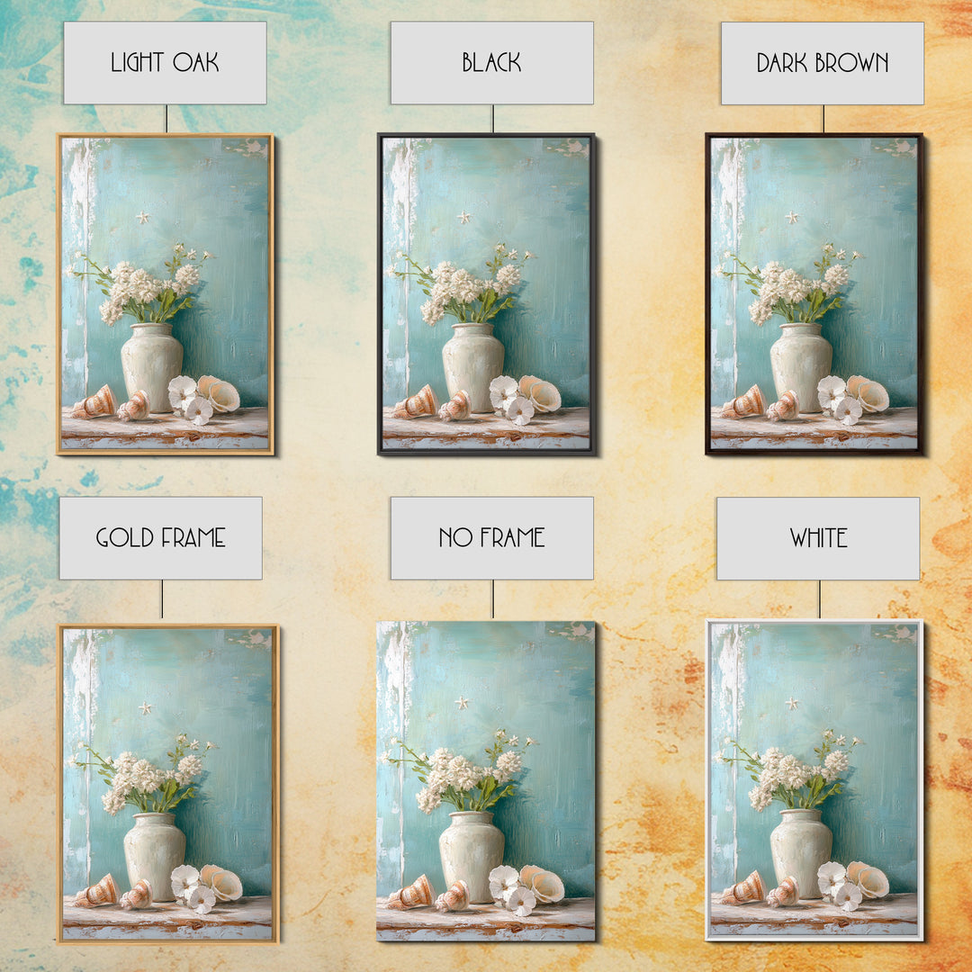 White Hydrangea Vase With Seashells Framed Canvas Print, Coastal Wall Art, Beach House Decor, Soft Neutral Home Decor, Bathroom Wall Decor