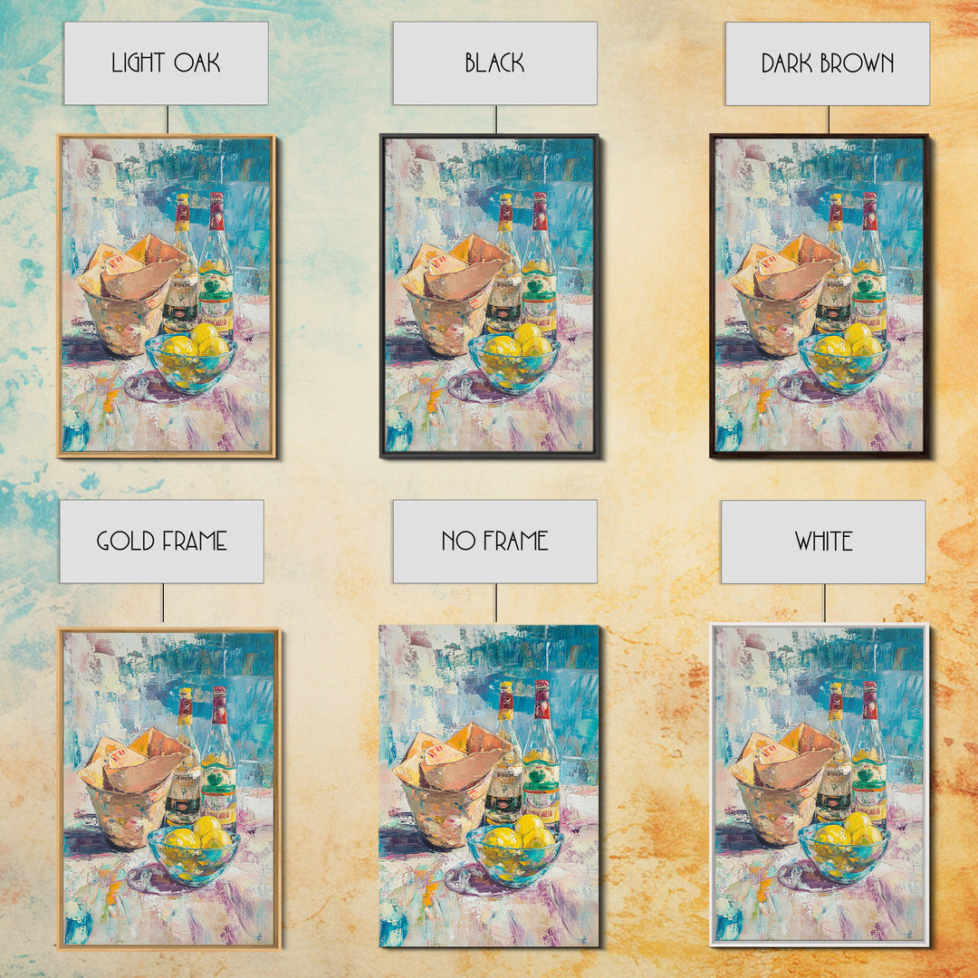 Bottles Lemons And Ice Bucket Canvas Print, Colorful Bar Cart Wall Art, Cocktail Kitchen Decor, Eclectic Dining Room Print