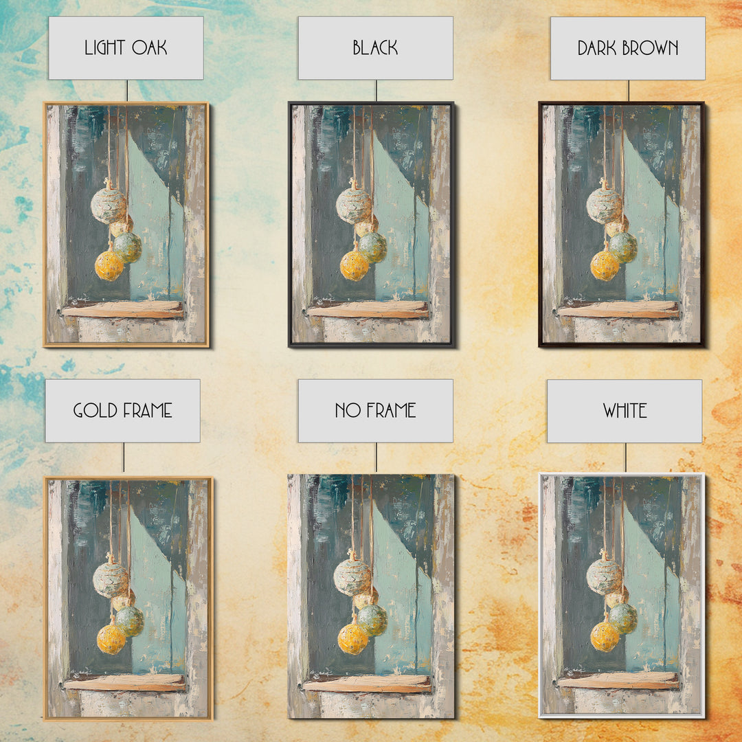 Hanging Textured Ornaments Canvas Print, Rustic Window Still Life, Boho Wall Decor, Neutral Modern Farmhouse Home Decor Art