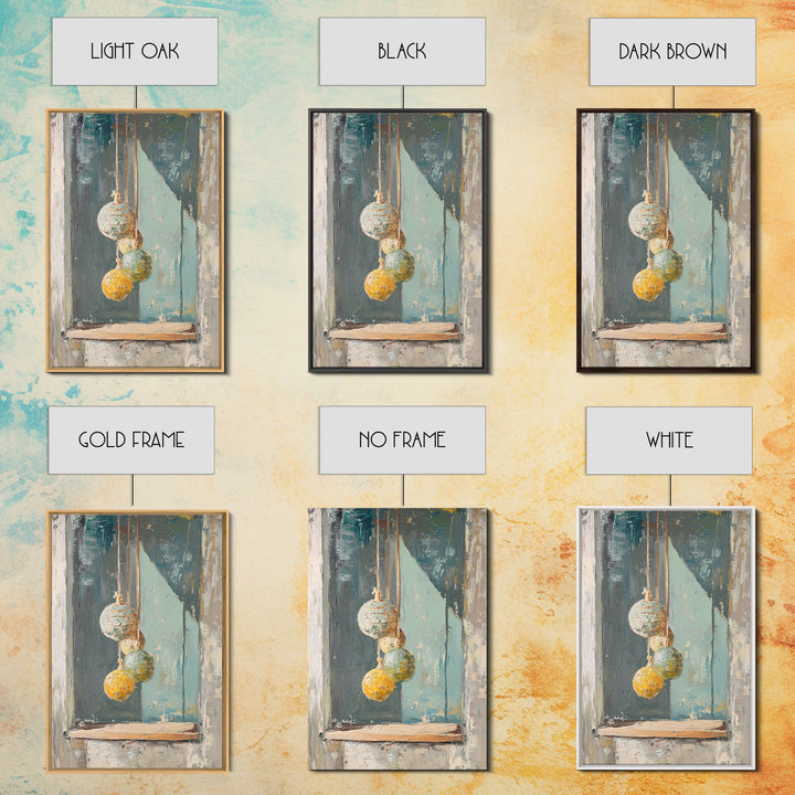 Hanging Textured Ornaments Canvas Print, Rustic Window Still Life, Boho Wall Decor, Neutral Modern Farmhouse Home Decor Art