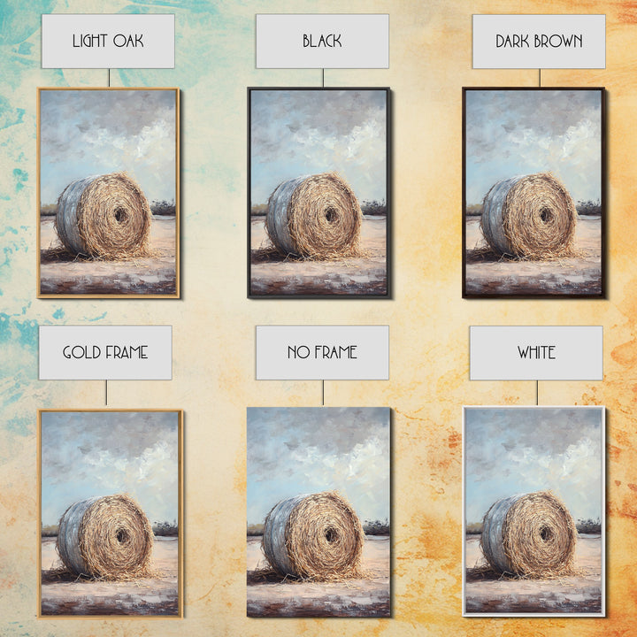 Round Hay Bale Field Wall Art, Rustic Farmhouse Landscape Painting, Country Home Decor, Neutral Large Canvas Print Gift For Her