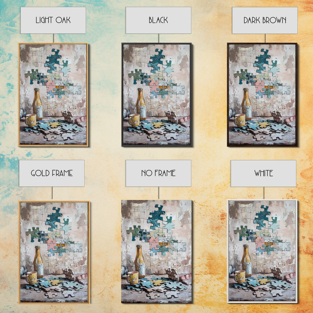 Puzzle Pieces And Bottle Still Life Canvas Print, Whimsical Wall Art, Game Room Decor, Eclectic Wall Art, Unique Gift, Living Room Decor