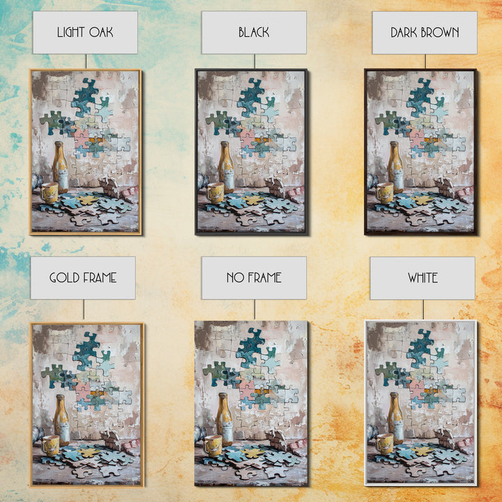 Puzzle Pieces And Bottle Still Life Canvas Print, Whimsical Wall Art, Game Room Decor, Eclectic Wall Art, Unique Gift, Living Room Decor