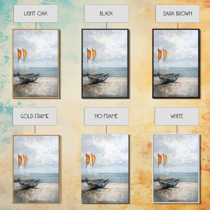 Orange Sailboats On Misty Beach Framed Canvas Print, Coastal Wall Art, Nautical Decor, Ocean Seascape Beach House Gift For Him