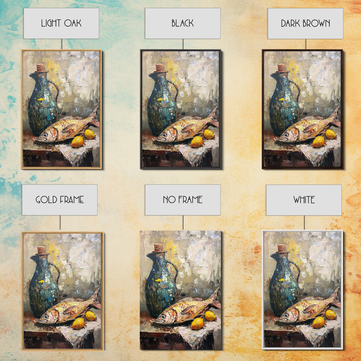 Mediterranean Fish Still Life With Lemons Framed Canvas Print, Coastal Kitchen Wall Art, Seafood Decor, Foodie Gift For Home Chefs