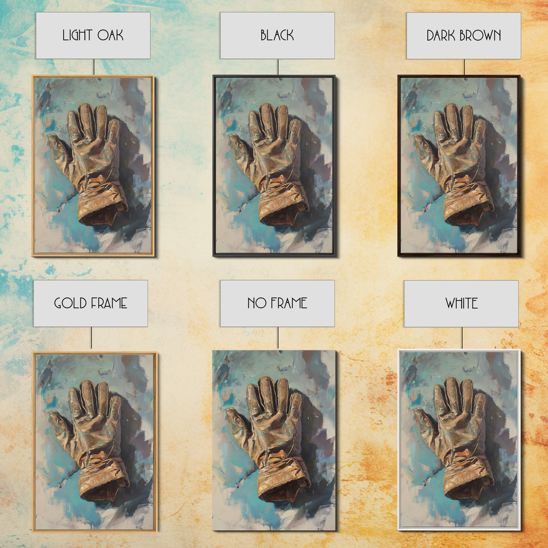 Weathered Leather Work Glove Framed Canvas Print, Rustic Masculine Wall Art, Farmhouse Office Decor, Industrial Decor, Gift For Him