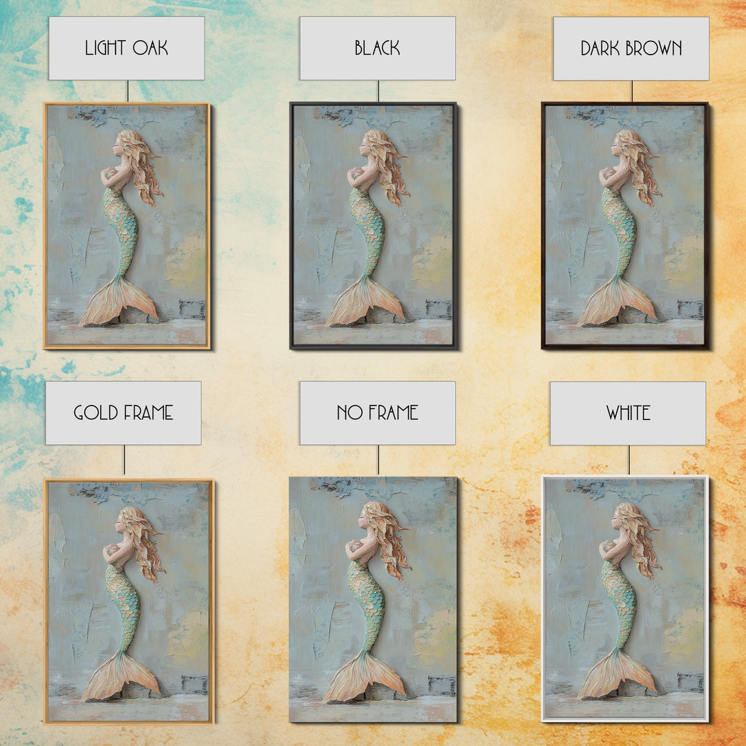 Textured Mermaid Figure Wall Art, Coastal Fantasy Decor, Nautical Canvas Print, Whimsical Ocean Art, Beach House Decor Gift