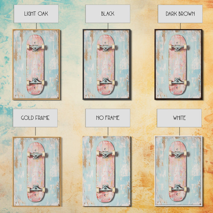 Pastel Pink Skateboard On Distressed Blue Wall Art, Retro Sport Decor, Skater Gift, Trendy Canvas Print For Kids Room Decor