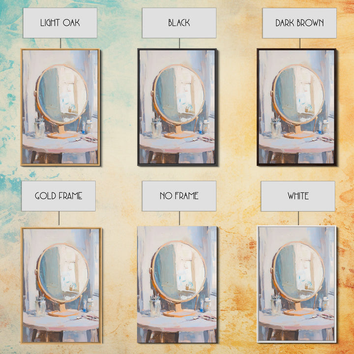 Soft Sunlit Vanity Mirror Still Life Wall Art, Feminine Bedroom Decor, Beauty Room Art, Neutral Framed Canvas Print For Modern Home Decor