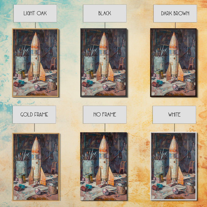 Weathered Toy Rocket In Artist Studio Wall Art, Retro Space Decor, Sci Fi Art Print, Bold Framed Canvas Print For Kids Room
