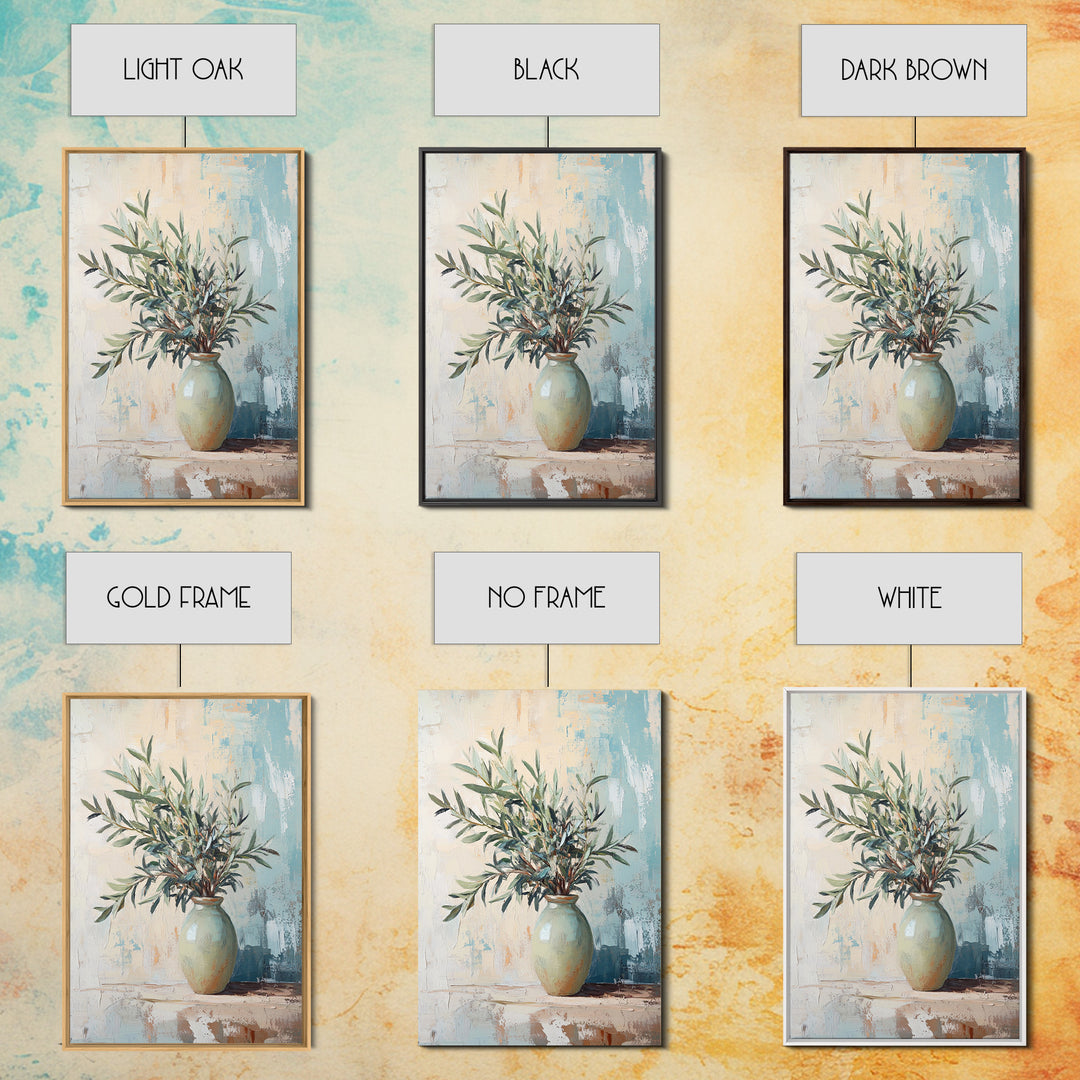 Olive Branches In Ceramic Vase Canvas Print, Mediterranean Botanical Wall Art, Minimalist Kitchen Decor, Neutral Home Decor