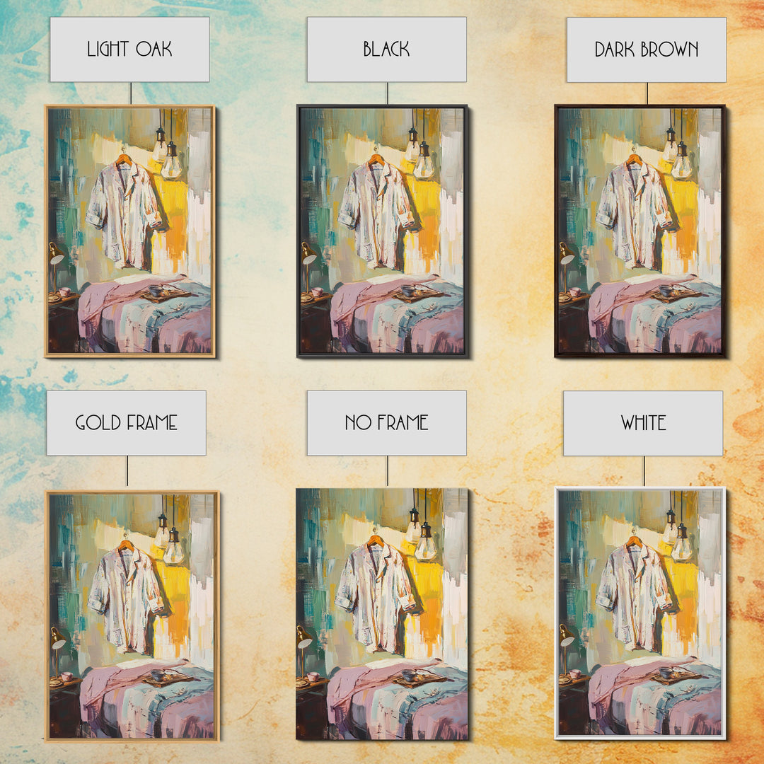 Cozy Bedroom With Hanging Shirt Canvas Print, Warm Guest Room Wall Art, Airbnb Wall Decor And Modern Farmhouse Decor Gift