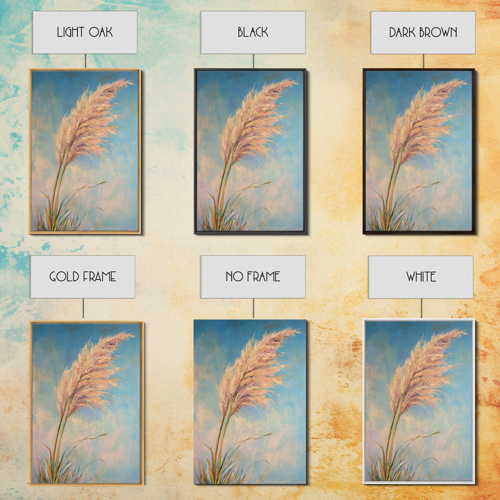 Pink Pampas Grass Against Blue Sky Framed Canvas Print, Coastal Botanical Wall Art For Boho Bedroom Decor And Nature Gift