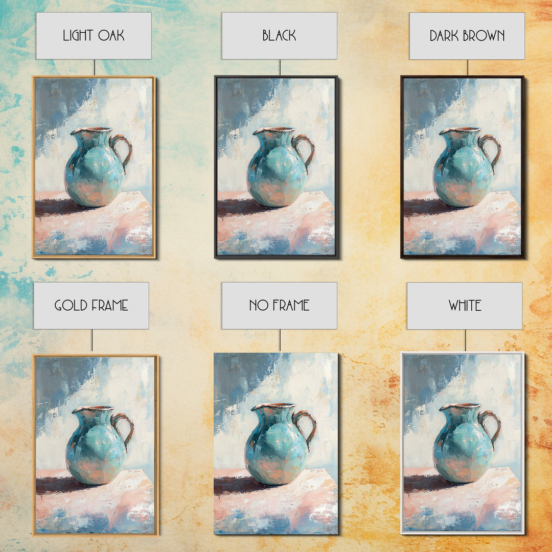 Turquoise Ceramic Pitcher Canvas Print, Rustic Kitchen Wall Art, Coastal Home Decor, Still Life Painting, Gift For Her, Fine Art