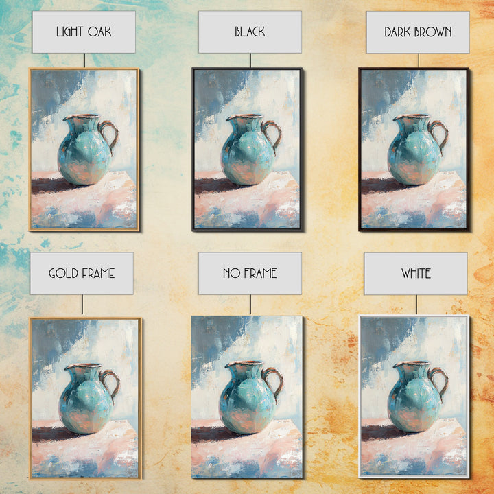 Turquoise Ceramic Pitcher Canvas Print, Rustic Kitchen Wall Art, Coastal Home Decor, Still Life Painting, Gift For Her, Fine Art