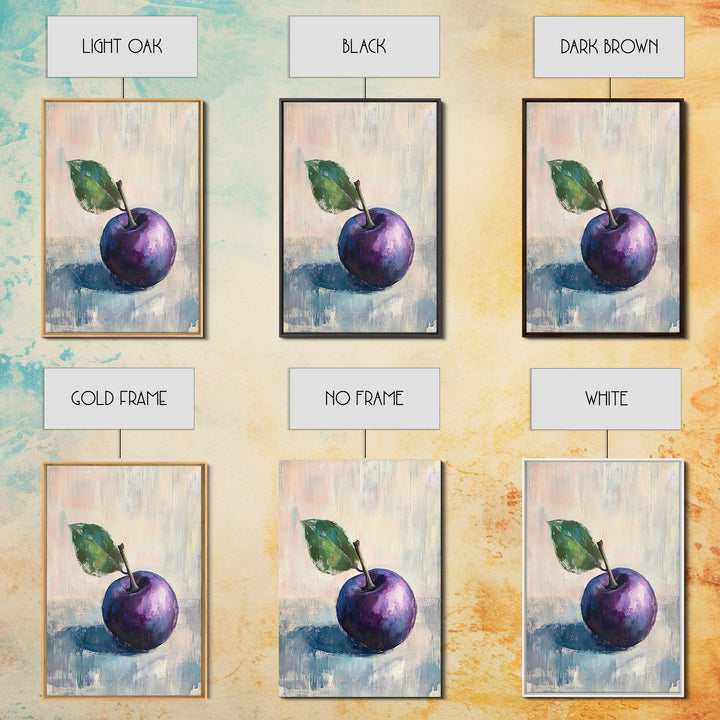Purple Plum With Green Leaf Canvas Print, Still Life Fruit Art For Kitchen Wall Art, Rustic Farmhouse Home Decor Gift For Her