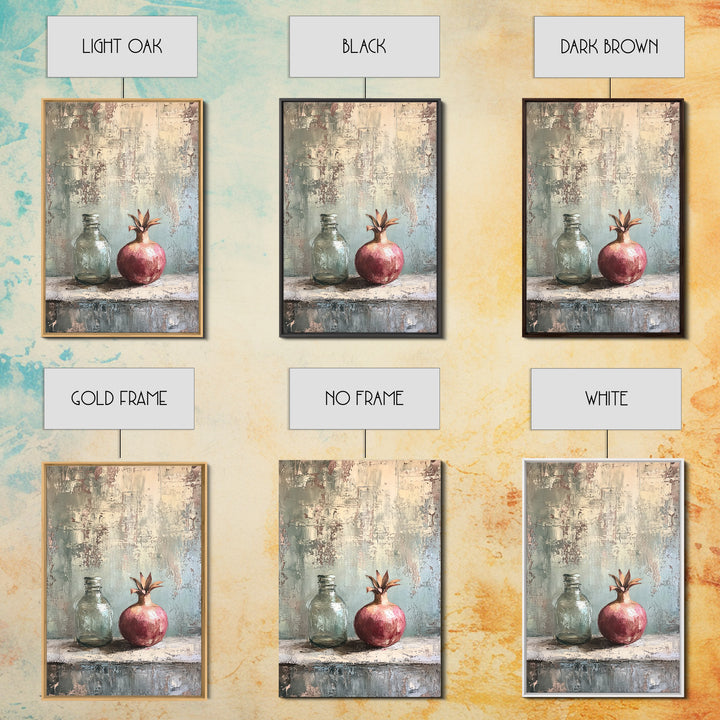 Pomegranate And Glass Bottle Still Life Wall Art, Rustic Fruit Canvas Print, Neutral Kitchen Decor, Housewarming Gift For Her